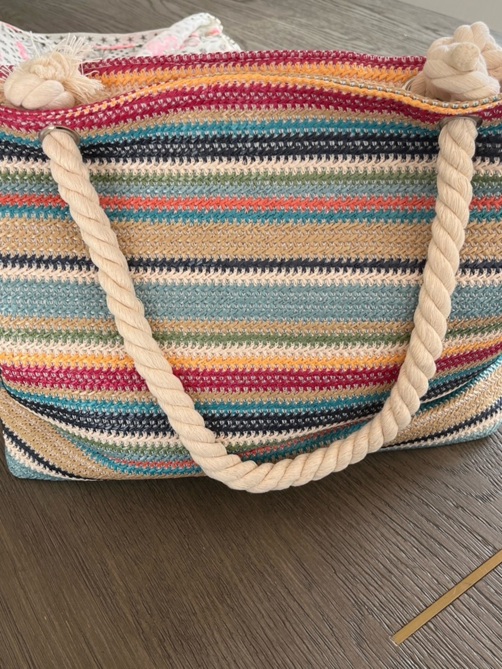 Striped Multicolor Rope-Handle Tote Bag by - Picture 3 of 4